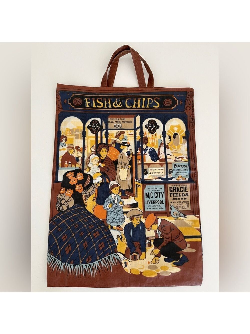VINTAGE Vista PVC Coated Shopping Tote Market Bag Fish & Chips Victorian Scene